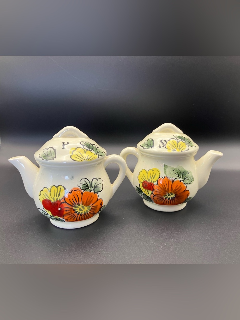 Vintage Japan Ceramic Teapot Floral Salt and Pepper Shakers - Yellow & Orange